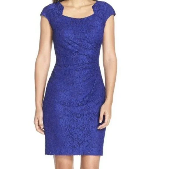 Tahari Womens Blue Square Neck Sheath Dress Size 8 Elegant Stylish - Picture 2 of 12